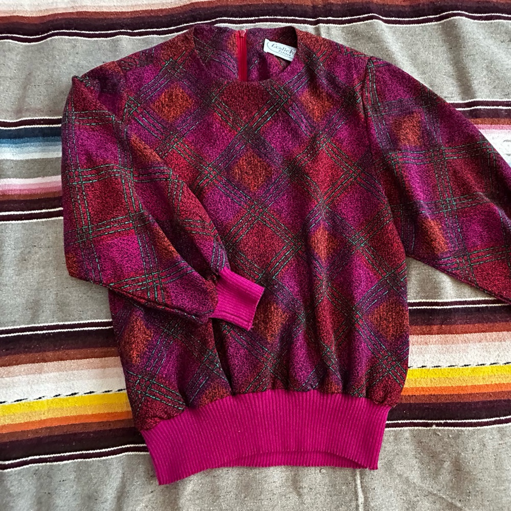 Vintage Leslie Fay Petites Pullover Plaid Blouse w Knit Cuffs and Waist